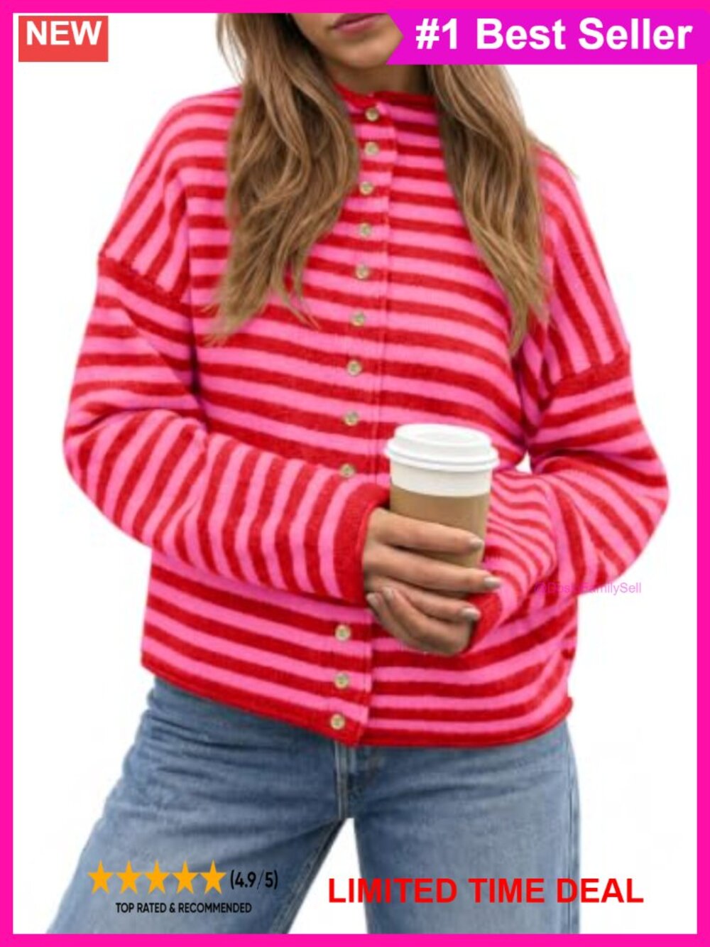 Striped Mock Neck Button Down Cardigan Sweater Loose Fit Fall Winter